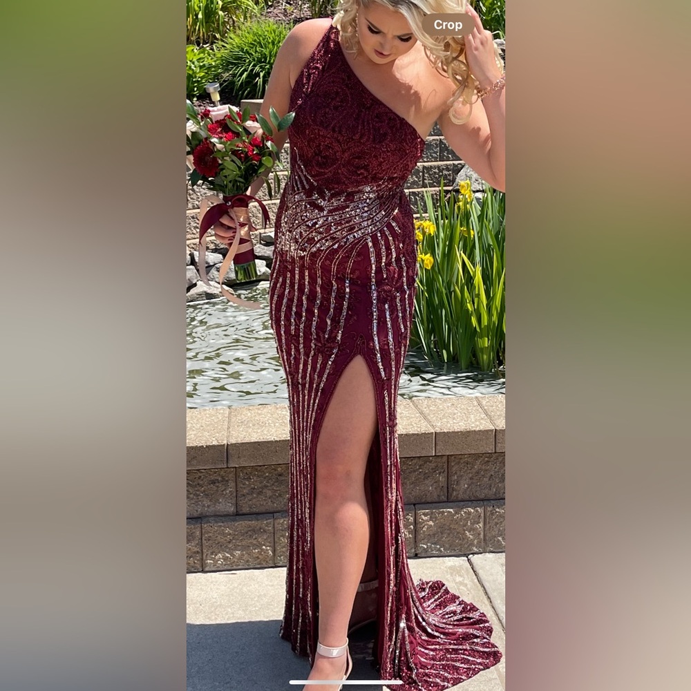 Sherri Hill Size 8 Prom- Burgundy Sequin Gown with Silver/Rose Gold Accents